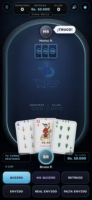 Mesa de juego real de la plataforma Truco Digital, donde también corre el Nueve