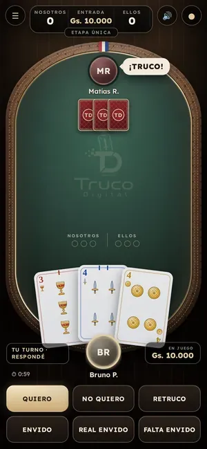 Captura real de Mesa Yvyrá en una partida de truco de Truco Digital